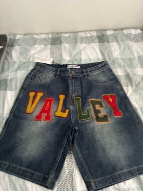 VALLEY Embroidered Denim Men’s Shorts - Blue Size 32
